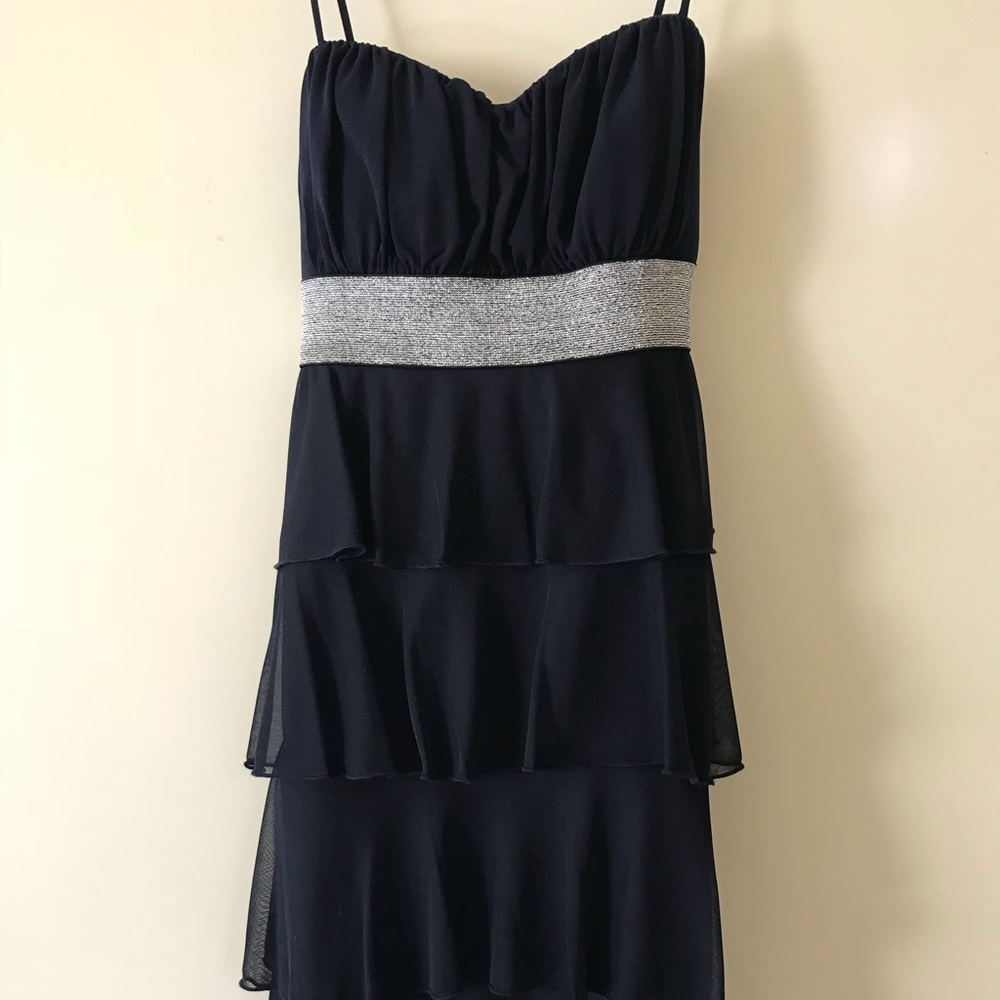Dark navy blue ruffled dress with silver band